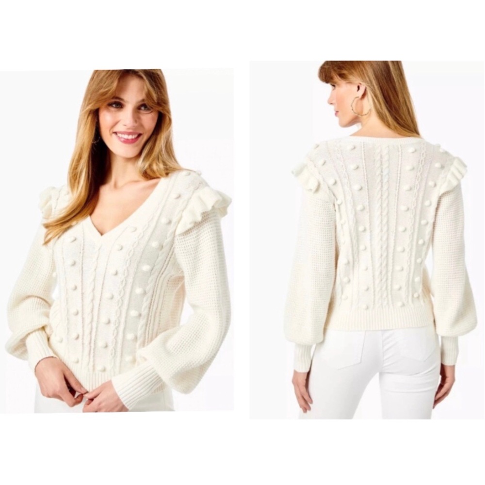 Lilly Pulitzer Cable Knit V-Neck Greta Pom Pom Sweater Coconut Medium NWT